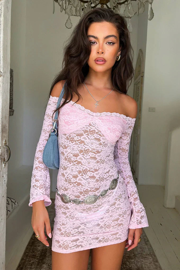 Elarisse - Off-Shoulder Lace Mini Dress with Bell Sleeves