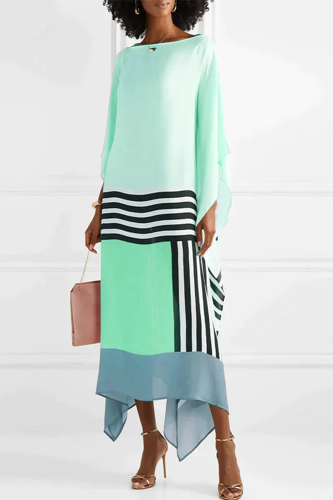 Calynora - Colorblock Printed Kaftan Dress with Draped Sleeves