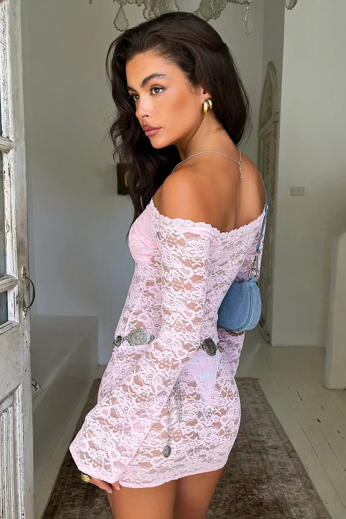 Elarisse - Off-Shoulder Lace Mini Dress with Bell Sleeves