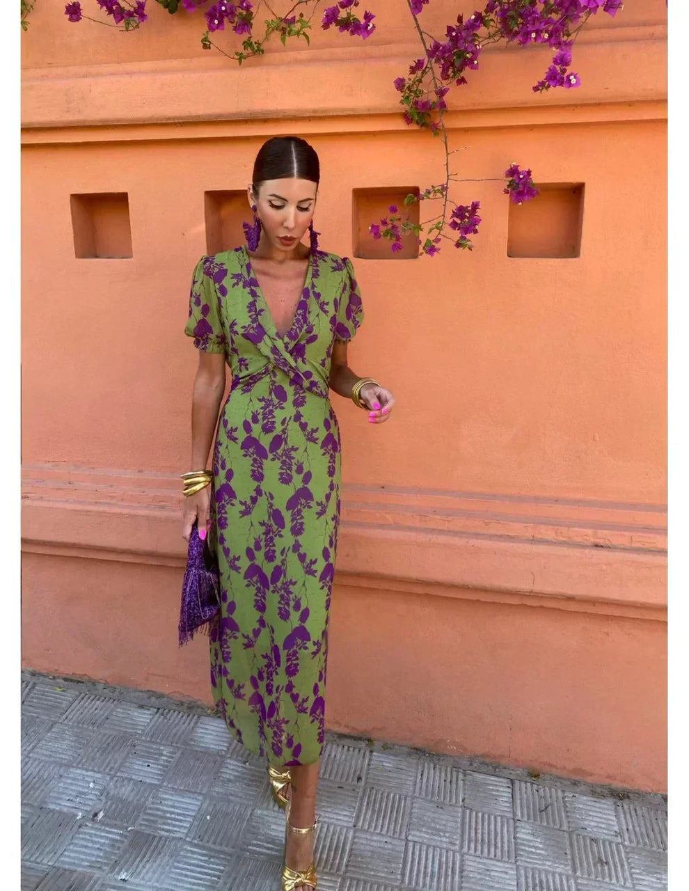 Floravelle - Green Wrap Floral Midi Dress with Puff Sleeves