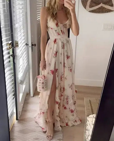 Isobel - Floral ruffle slit maxi dress