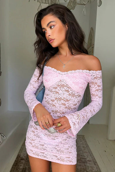 Elarisse - Off-Shoulder Lace Mini Dress with Bell Sleeves