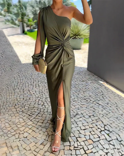 Camille - One shoulder knot slit gown