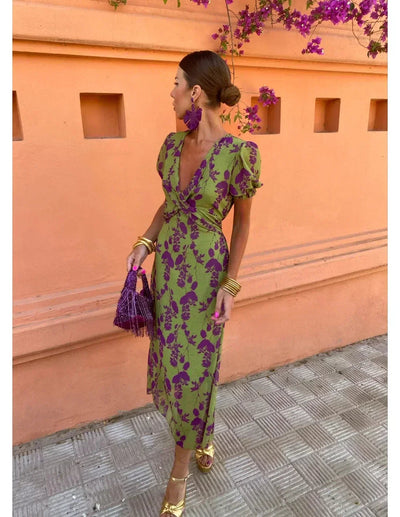 Floravelle - Green Wrap Floral Midi Dress with Puff Sleeves