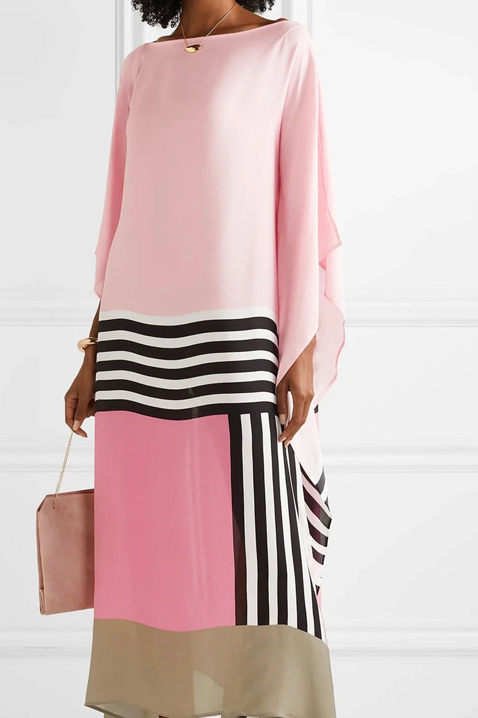 Calynora - Colorblock Printed Kaftan Dress with Draped Sleeves