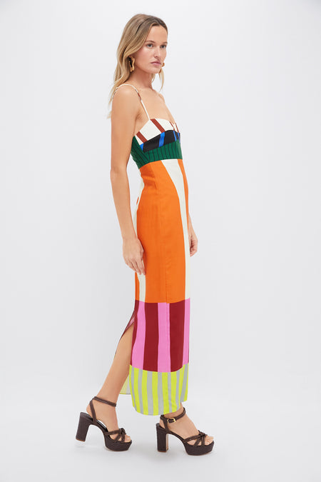 Zaravine - Multicolor Striped Midi Dress with Spaghetti Straps