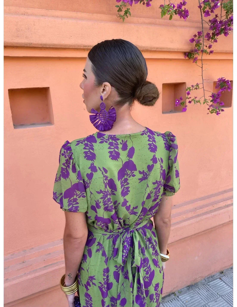 Floravelle - Green Wrap Floral Midi Dress with Puff Sleeves