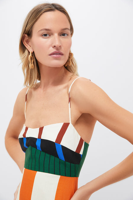 Zaravine - Multicolor Striped Midi Dress with Spaghetti Straps