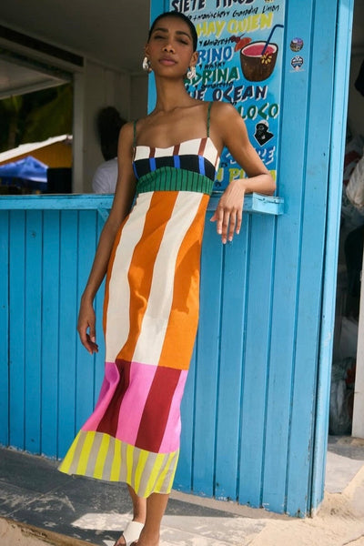 Zaravine - Multicolor Striped Midi Dress with Spaghetti Straps