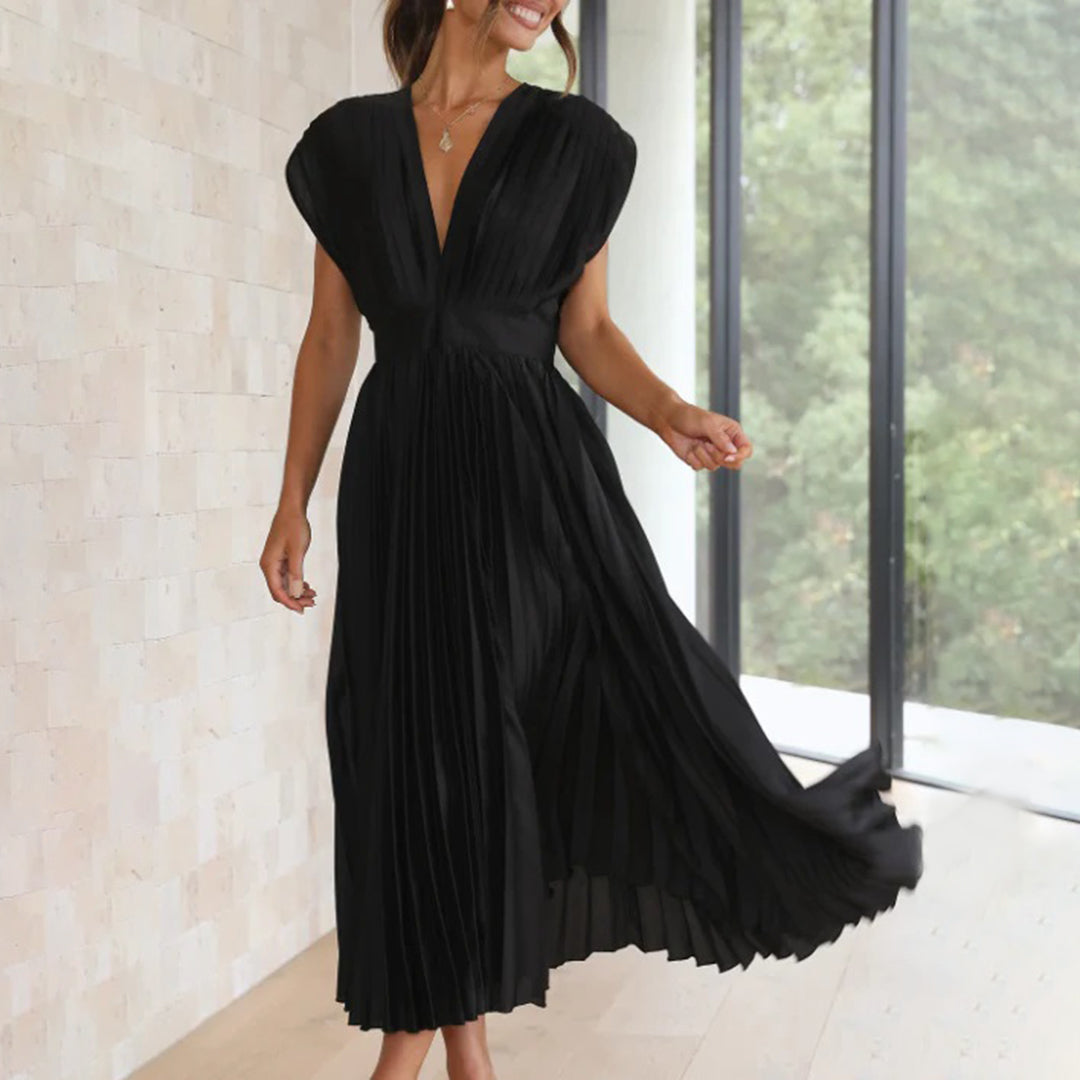 Phoebi - Pleated Deep V Midi Dress