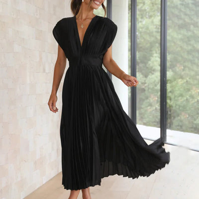 Phoebi - Pleated Deep V Midi Dress