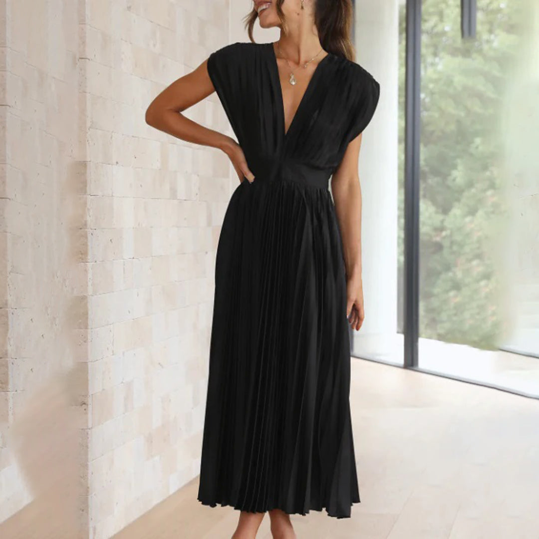 Phoebi - Pleated Deep V Midi Dress