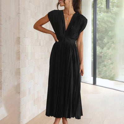 Phoebi - Pleated Deep V Midi Dress