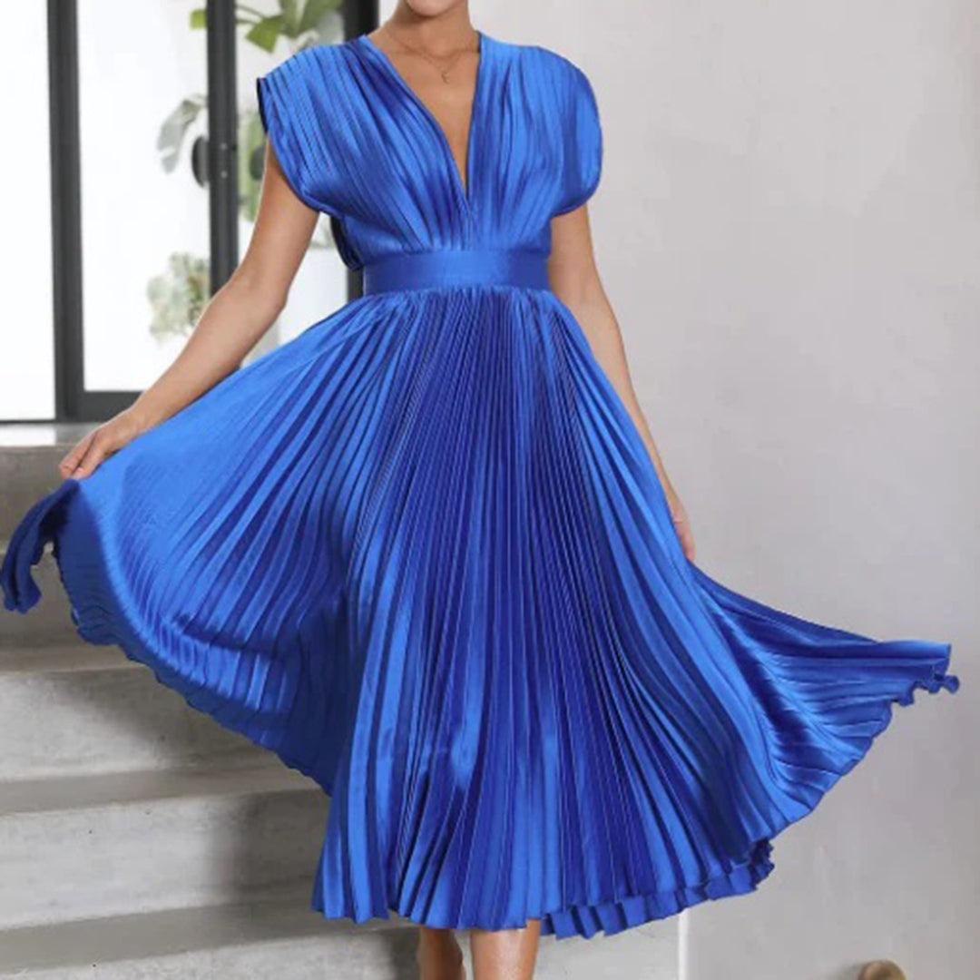 Phoebi - Pleated Deep V Midi Dress