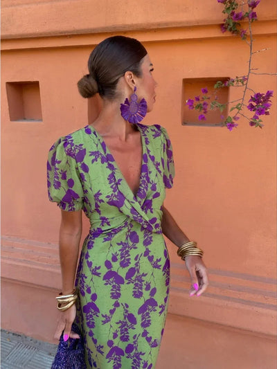 Floravelle - Green Wrap Floral Midi Dress with Puff Sleeves