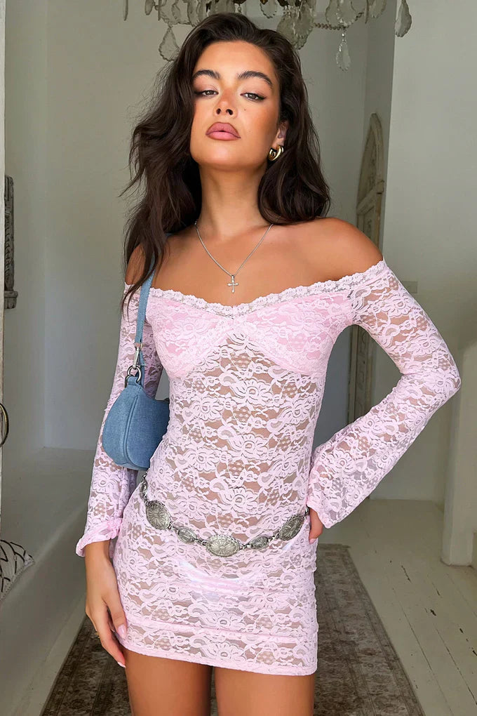 Elarisse - Off-Shoulder Lace Mini Dress with Bell Sleeves