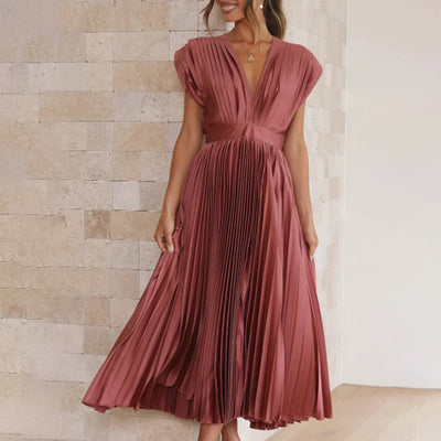 Phoebi - Pleated Deep V Midi Dress