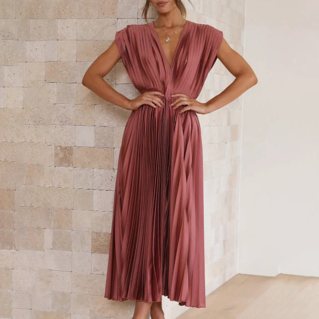 Phoebi - Pleated Deep V Midi Dress