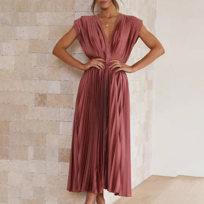 Phoebi - Pleated Deep V Midi Dress
