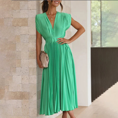 Phoebi - Pleated Deep V Midi Dress
