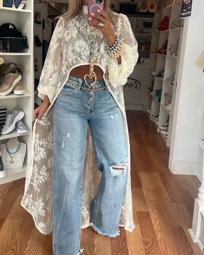 Camille – Sheer Embroidered Long Kimono