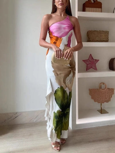 Amelina - One-Shoulder Watercolor Maxi Dress
