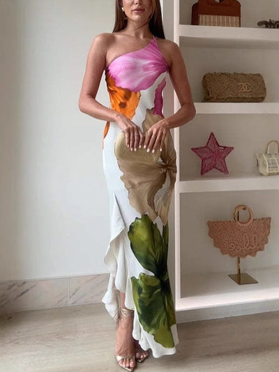 Amelina - One-Shoulder Watercolor Maxi Dress