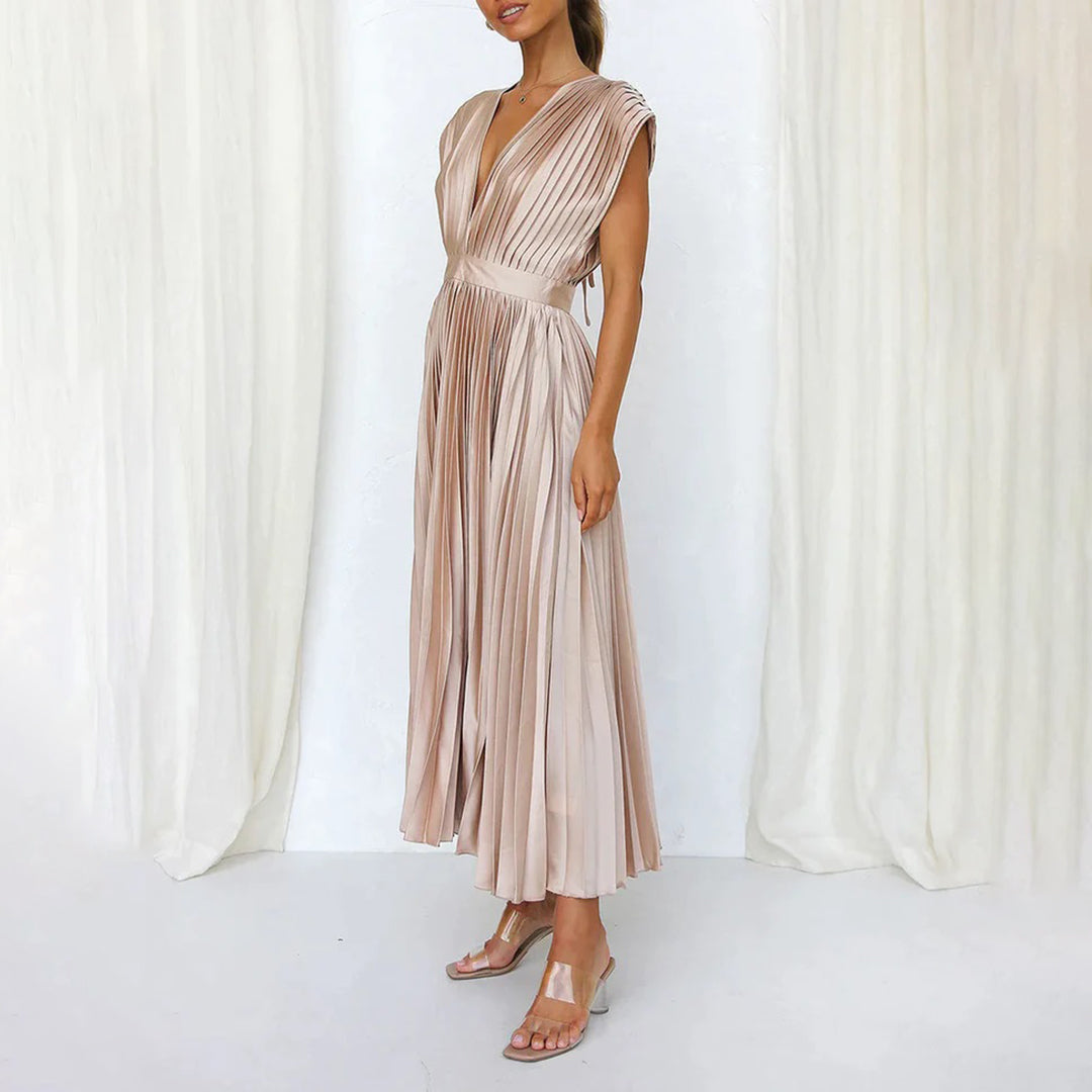 Phoebi - Pleated Deep V Midi Dress