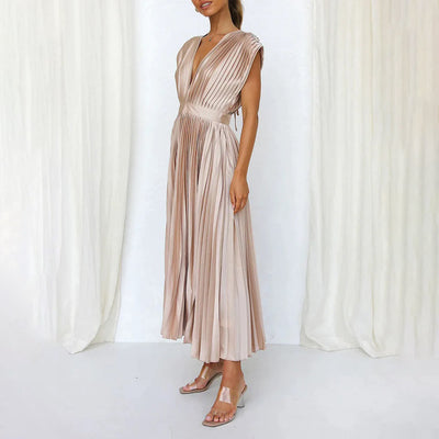 Phoebi - Pleated Deep V Midi Dress