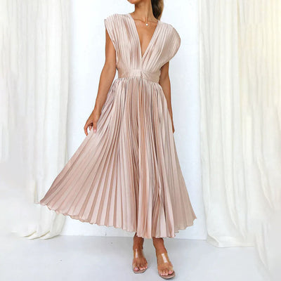 Phoebi - Pleated Deep V Midi Dress