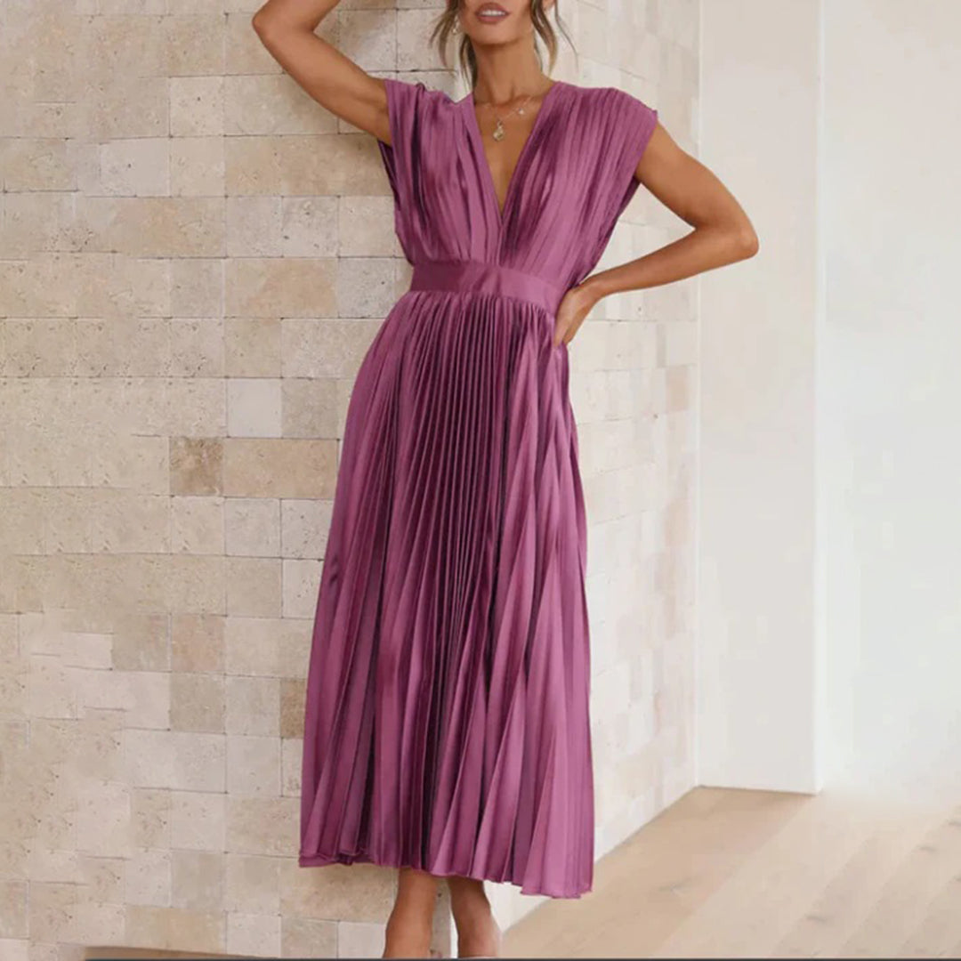 Phoebi - Pleated Deep V Midi Dress