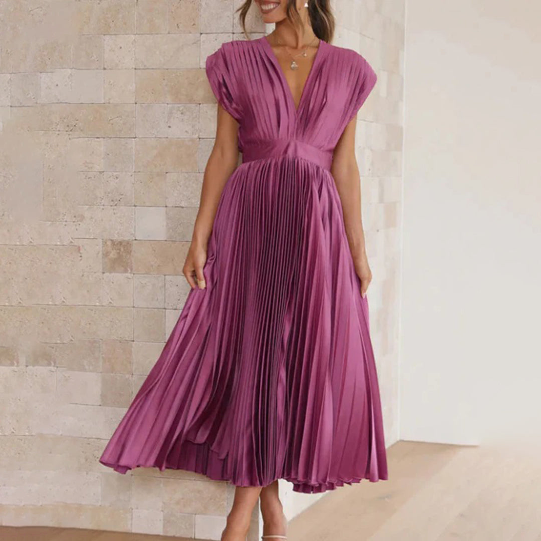 Phoebi - Pleated Deep V Midi Dress