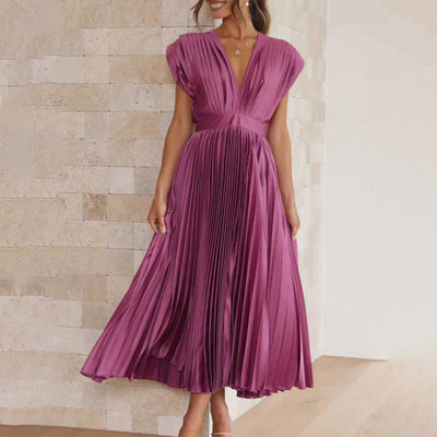 Phoebi - Pleated Deep V Midi Dress