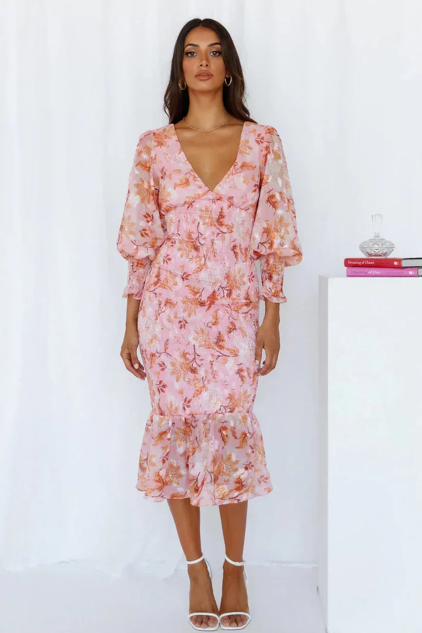 Harriet - Smocked floral mesh midi dress